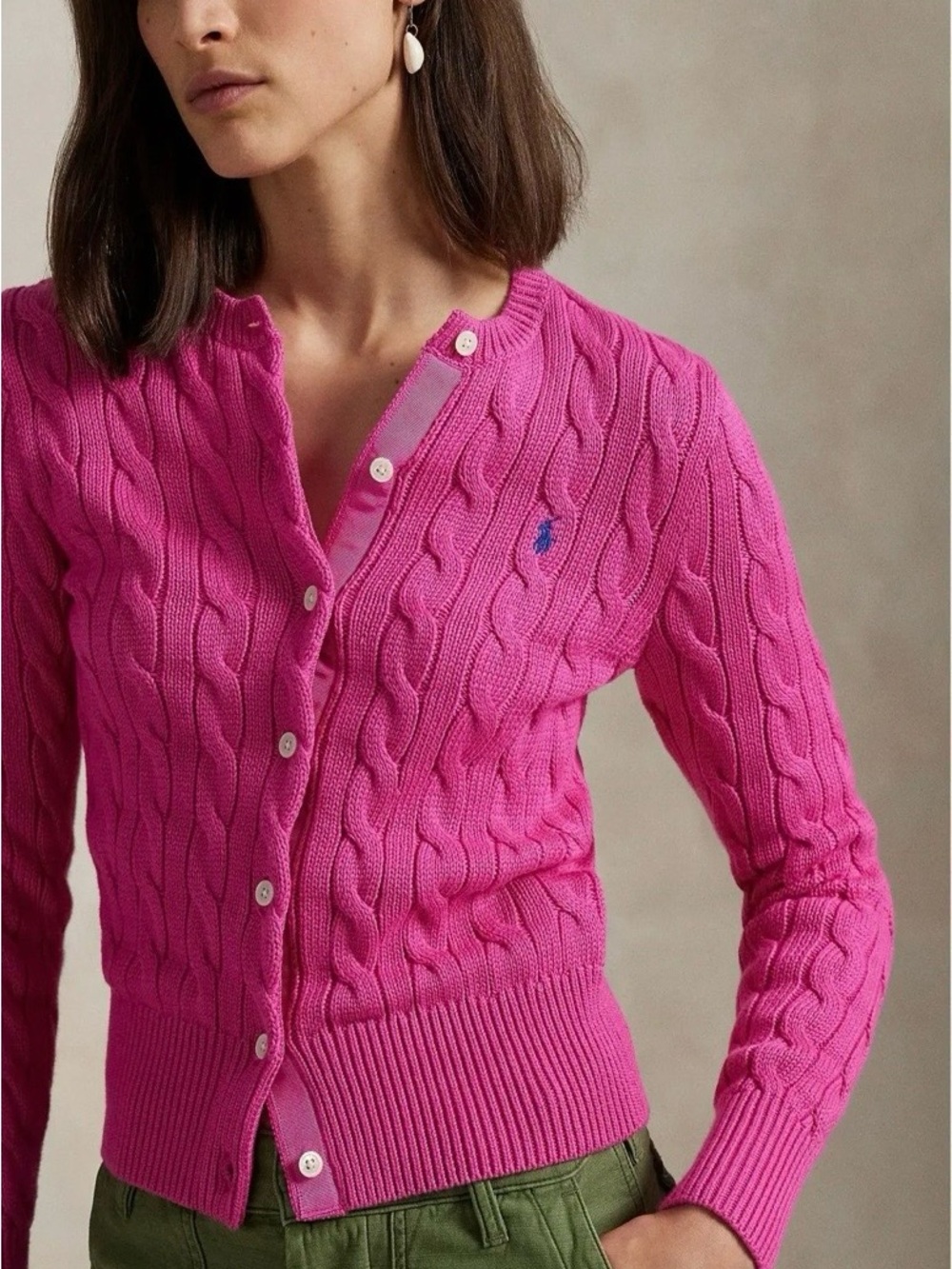 Polo Ralph Lauren Slim Fit Cable Knit Cardigan Sweater in Pink Size M. NWT